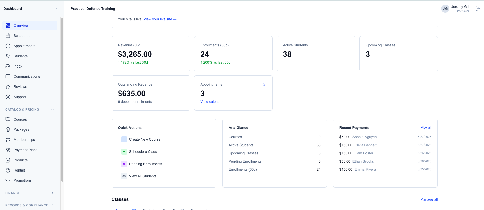 The InstructorOps dashboard showing 30-day revenue, enrollments, active students, and upcoming classes